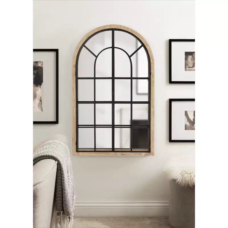 &  26"x42"  Wood/Metal Arch Windowpane Mirror Natural: Transitional Farmhouse Design