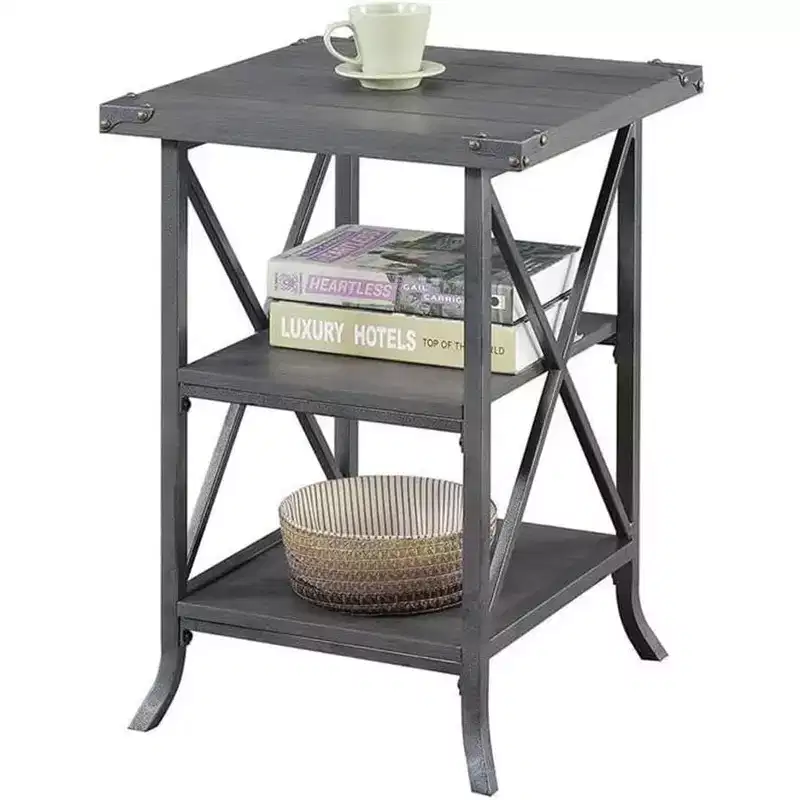 HomeStock Belmont End Table with Spacious Top, Open Bottom Shelf, Powder Coated Metal Frame and Rustic Modern Design
