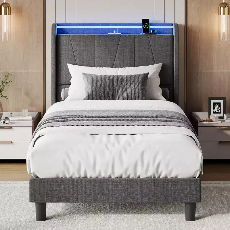 Bed Frame with LED Lights and Charging Station, Fabric Upholstered Platform Full Bed Frame with Headboard, No Box Spring Needed, Gray