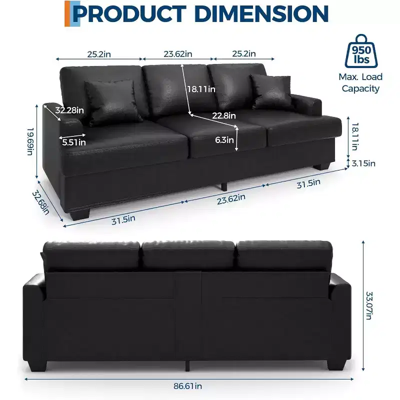 SunnyFurn 86 Plush Cloud Sofa, 3-Seater with Deep Seats, 2 Removable Back Cushions & Throw Pillows for Living Room/Bedroom/Apartments