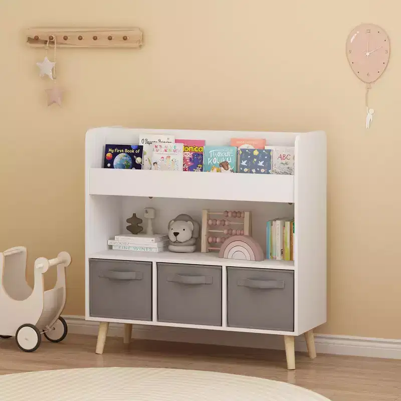 Kids Bookshelf with 3 Fabric Bins, Modern Children's Bookcase with Storage for Toys and Books, Toddler Book Organizer Shelf for Playroom