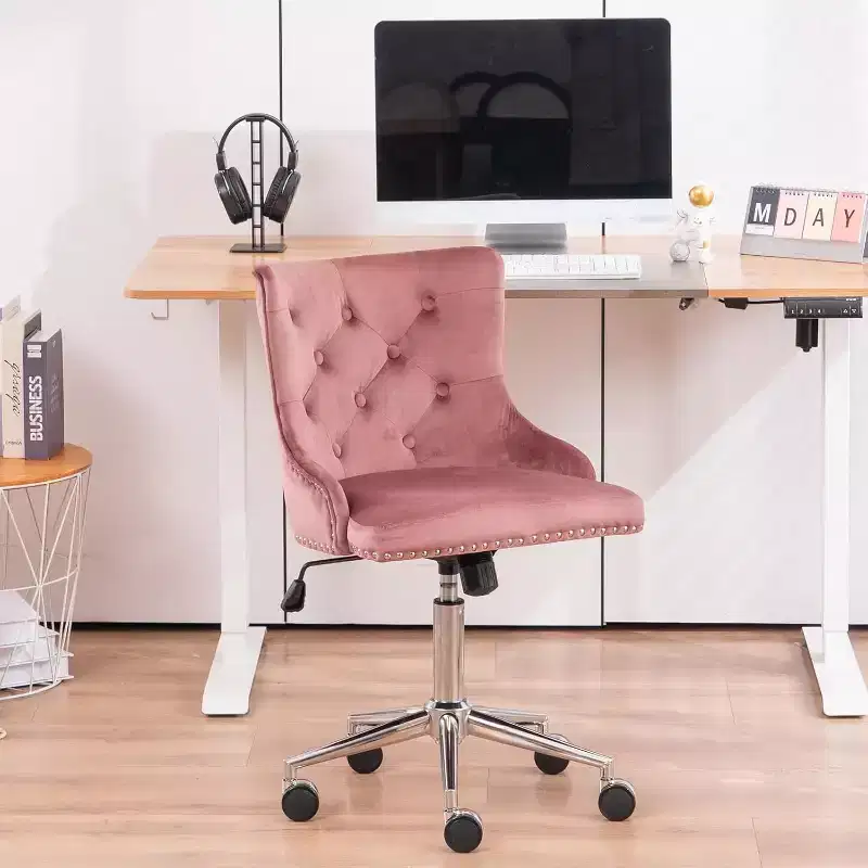 Velvet Upholstered Desk Chair with Adjustable Height, Tilt Function, and Rolling Wheels – Pink