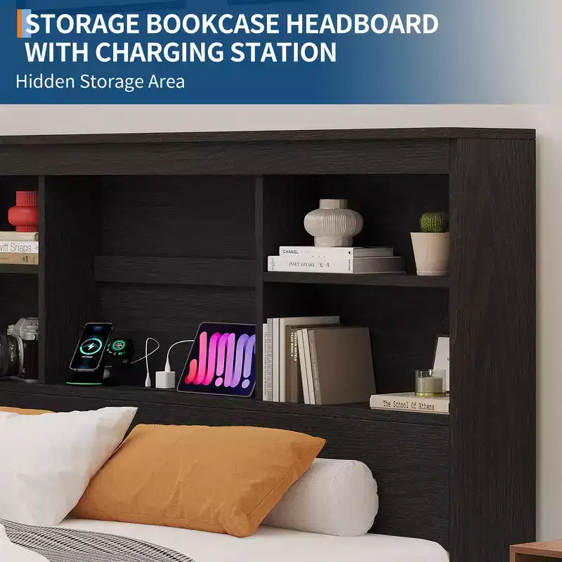 Bed Frame with Bookcase Headboard, 4 Drawers & Built-in Charging Station – No Box Spring Needed