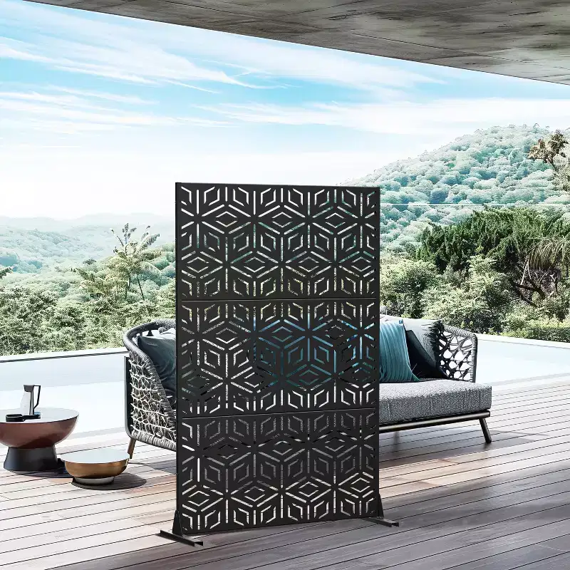 3-Panel Room Divider Screen with Geometric Pattern – Black Galvanized Steel