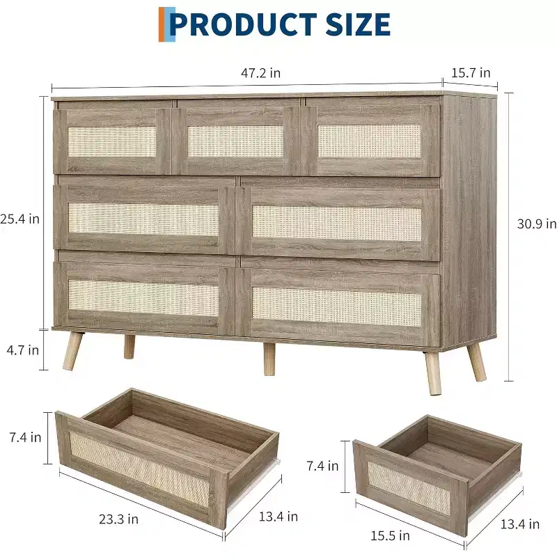 COZONY 7-Drawer Rattan Dresser, Modern Wood Storage Cabinet with Woven Fronts, Wide Chest of Drawers for Bedroom Living Room Nursery