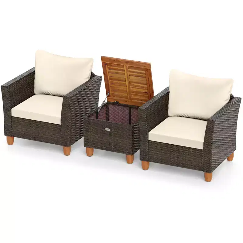 Costway 3 PCS Outdoor Patio Rattan Bistro Furniture Set Wooden Table Top Cushioned Sofa Gray/Black/Beige/Navy