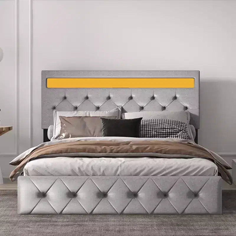 Upholstered Platform Bed Frame with Lighted Headboard and Fast-Charging USB Port, No Box Spring Needed