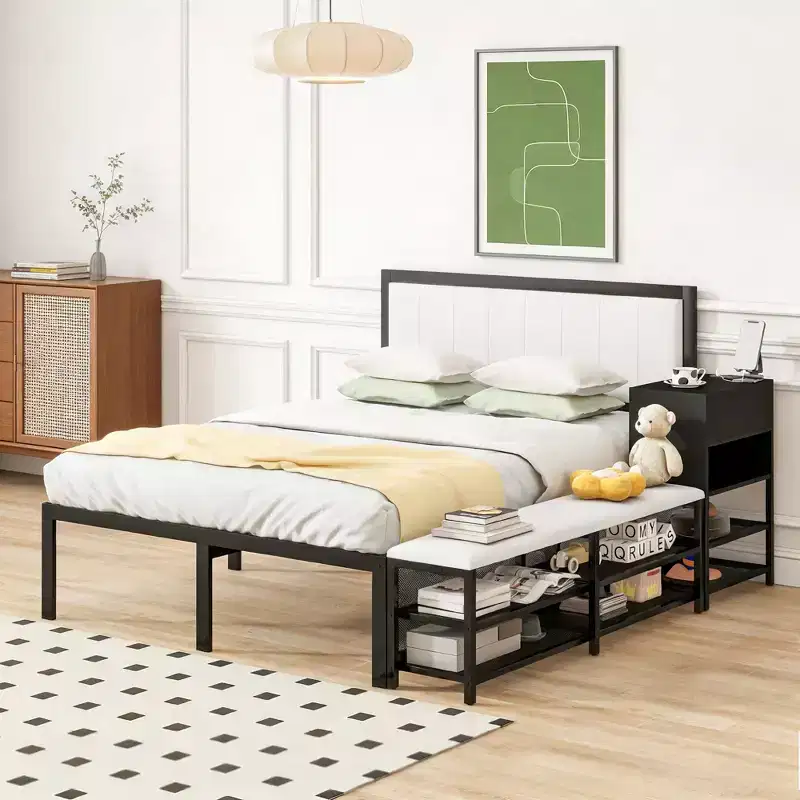Full Size Metal Platform Bed with Upholstered Headboard, Storage Shelves, Cabinet & USB Ports