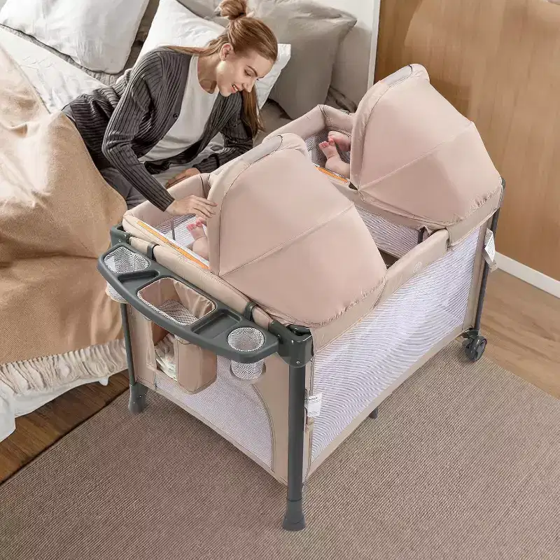 Twin Bassinet for Baby, Beige Bedside Bassinet, Convertible to Bedside Sleeper and Playpen, with Wheel, Brake, Foldable Side Sleeper,Beige