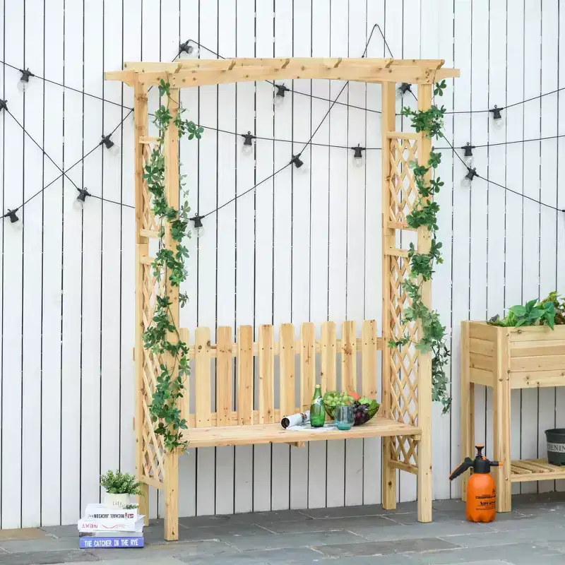 Outdoor Garden Bench Arch Pergola with Natural Fir Wood Build, Protective Varnish