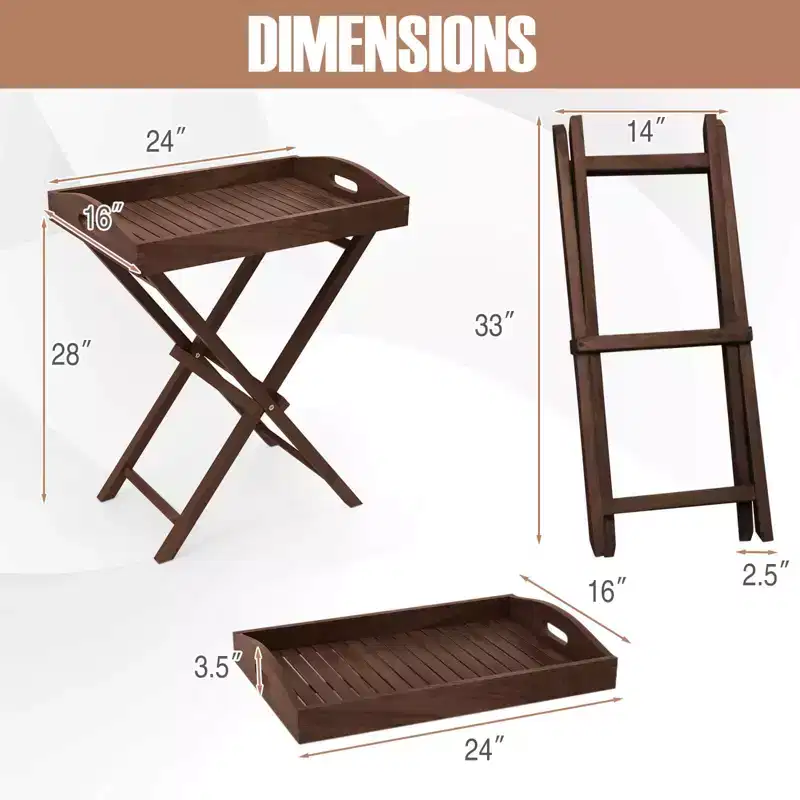 Costway 1/2 PCS Solid Teak Wood Tray Table 28 High Folding Table with Removable Tray Top