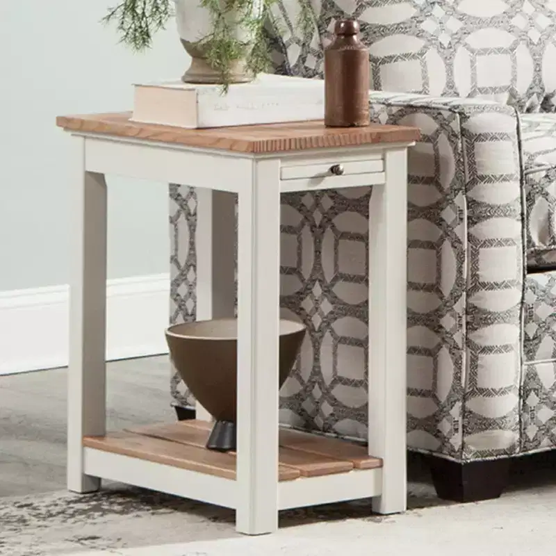 Chairside End Table with Pull-Out Shelf, Ivory with Natural Wood Top
