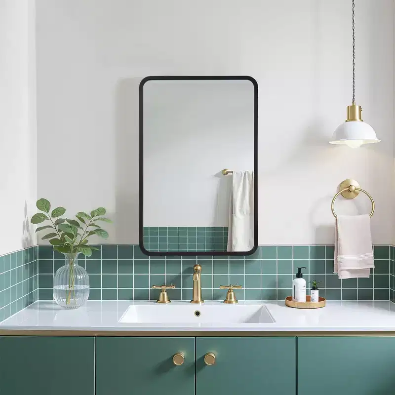 24 x 16 Inch Black Wall-mounted Rounded Rectangular Wrought Iron Framed Medicine Cabinet Mirror Cabinet For Bathroom