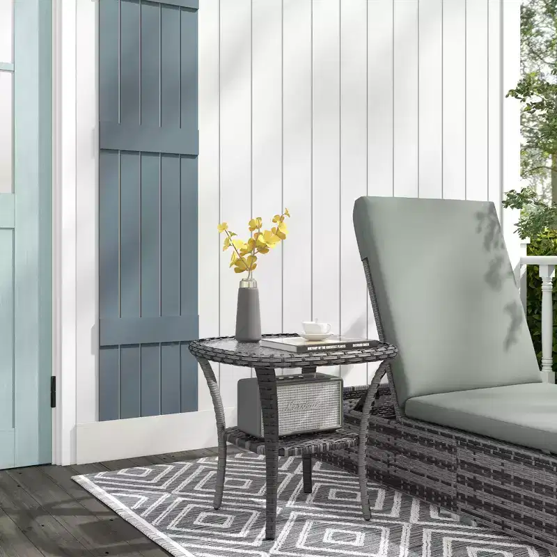 Outdoor Coffee Table with Storage Shelf, Hand-Woven Wicker Side Table with Water-Ripple Glass Top