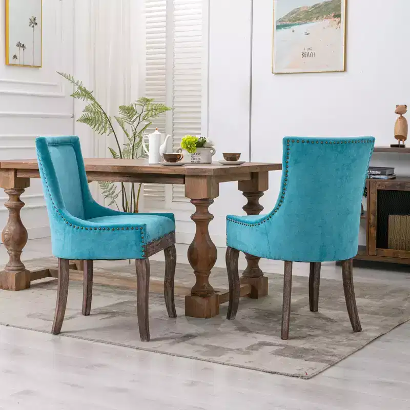 Okak Retro Dining Chairs Set of 2, Comfy Fabric Chairs with Thick Cushions, Kitchen Side Chairs with Solid Wood Legs Bronze Nail Head