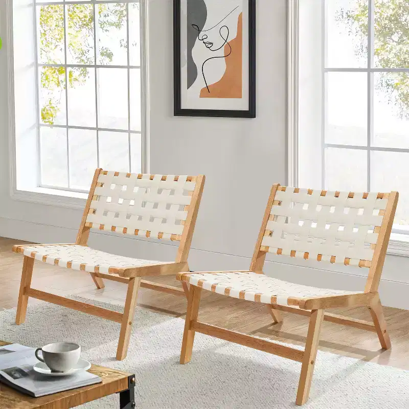 LuxenHome Natural Rubberwood with White PU Leather Low Profile Armless Accent Chair, Set of 2