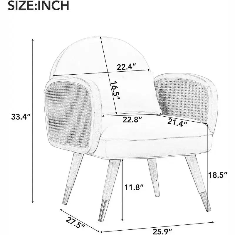 Yellow Upholstered Dining Chair with Rattan Armrests, Set of 2