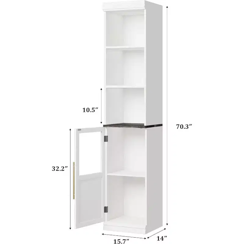 70 Tall Narrow Storage Cabinet with Glass Door, Open Shelves, Freestanding Slim Bathroom Cabinet for Small Spaces, Kitchen, Laundry Room, Living Room