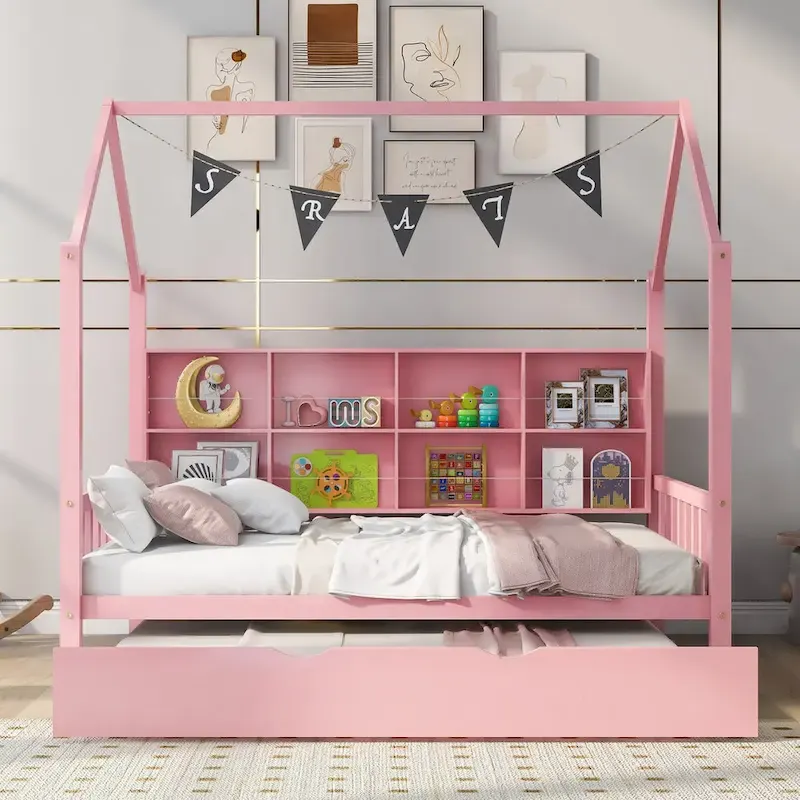Full Solid Wood House Day Bed with Trundle