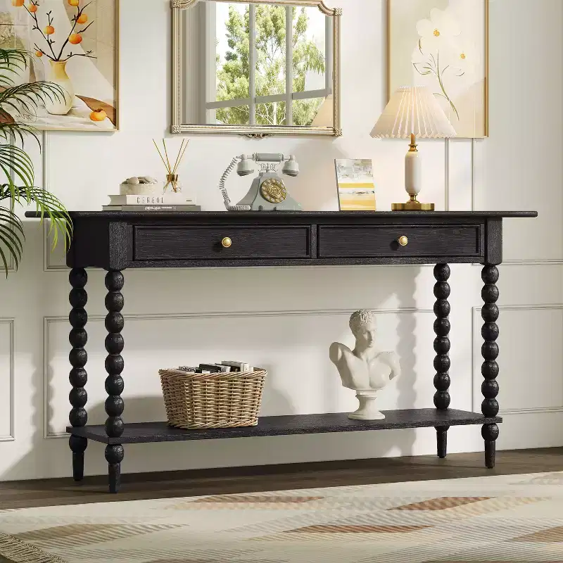 Eleanor Retro Wood Console Table with 2 Drawers and Shelf
