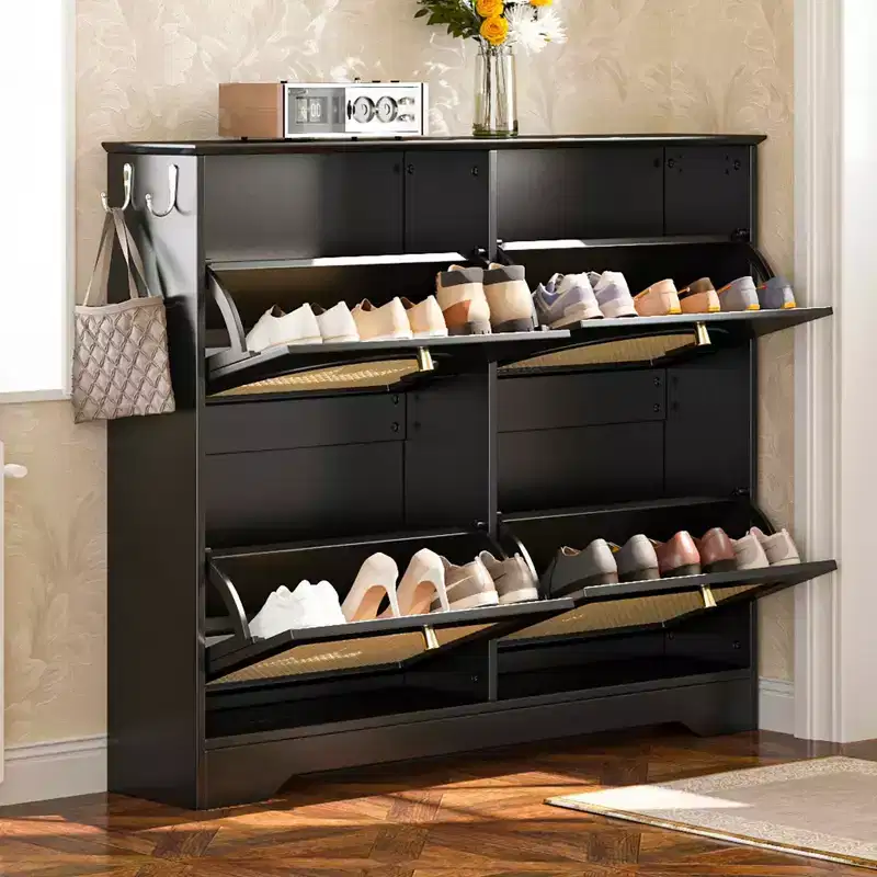 Mid-Century Narrow Tipping Bucket Shoe Cabinet, 4 Flip Drawers 4 Rattan Doors 2 Silvery Hooks 42.1W, White