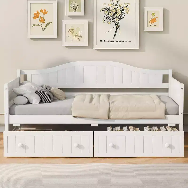 Twin Size Wooden Daybed with 2 Drawers, Easy Assembly, White