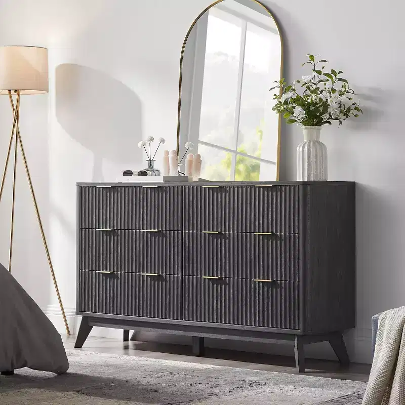 Fluted 6 Drawer Dresser for Bedroom, Modern Chest of Drawers with Metal Handle, Curved Profile Design, Wood Storage Organizer