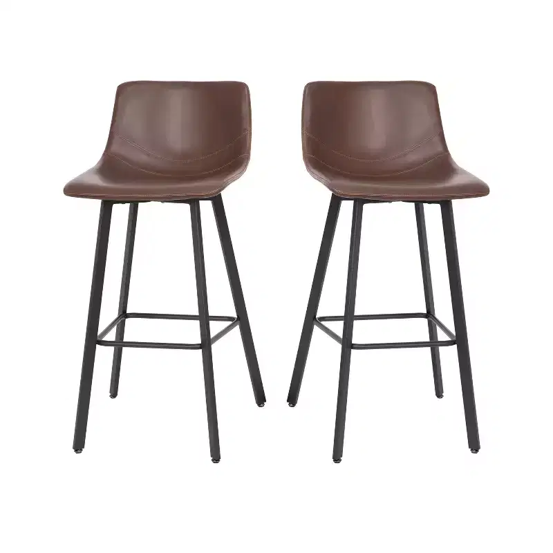 Merrick Lane Set of 2 Modern Upholstered Stools with Contoured, Low Back Bucket Seats and Iron Frames