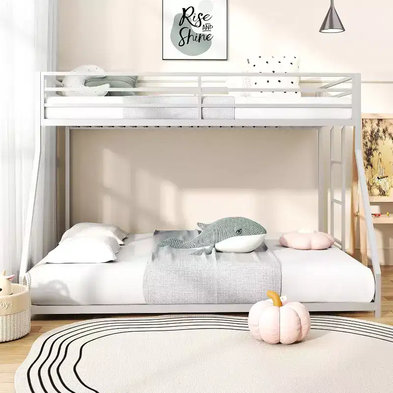 ZevemomoTwin Over Full Bunk Bed, Metal Low Profile Bunkbeds with Full-Length Guardrail and Ladder, Space Saving, No Boxing Spring Needed, White