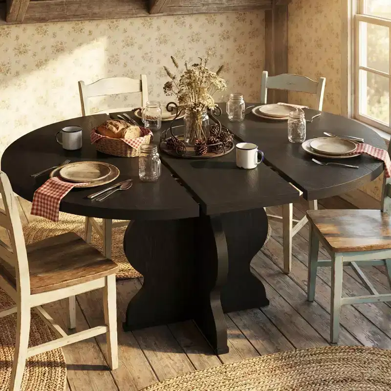 Extendable Oval Dining Table 47-63 Inch, Seats 4-8, Wood Top Metal Frame, Farmhouse