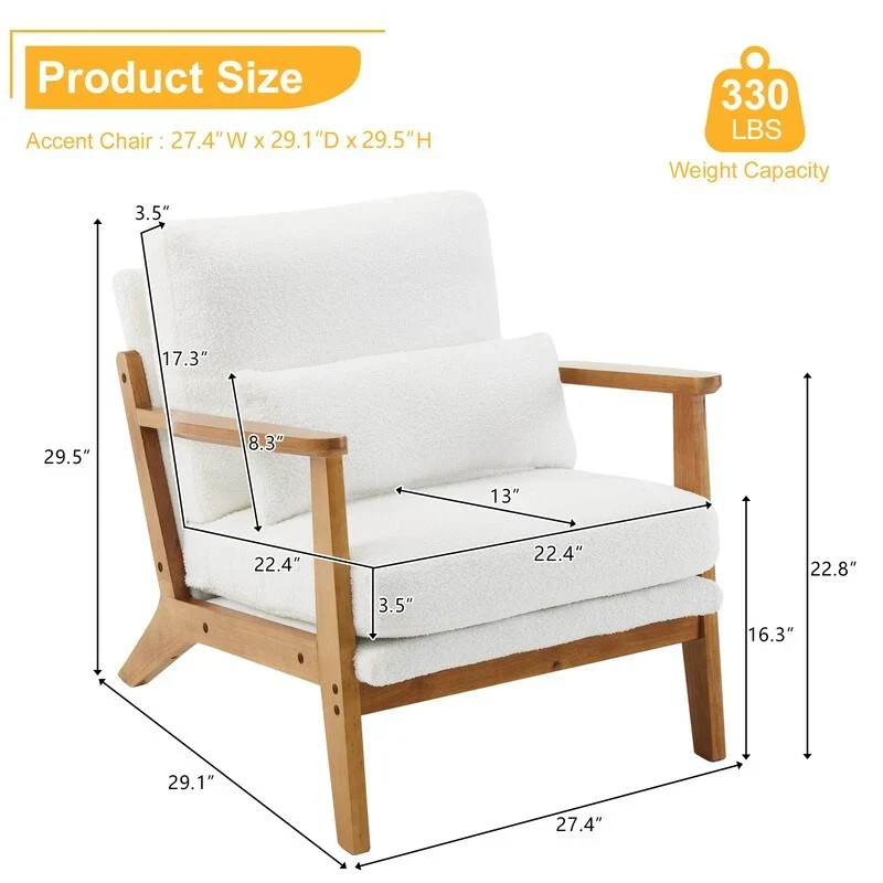 Upholstered Linen Blend Accent Chair with Wooden Legs and One Pillow Beige