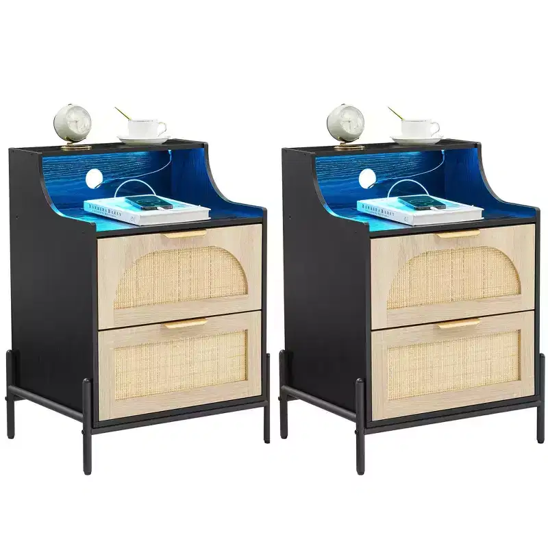 Wooden Nightstand Set of 2 with Rattan Drawer and Charging Station