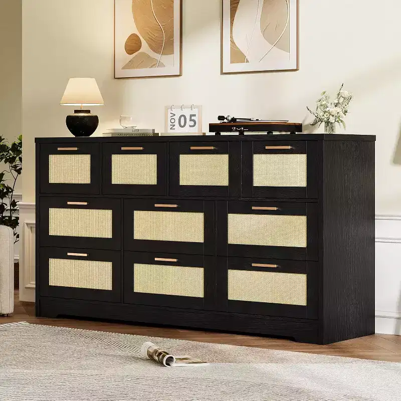 Rattan 10 Drawer Dresser, 59'' Wide Farmhouse Chest of Drawers with Anti-Tipping Device, Closet Dresser Storage Organizer for Home Office