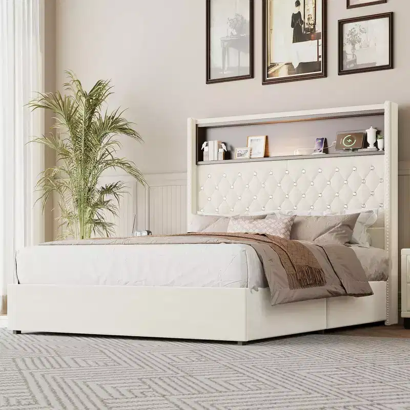 Size Velvet Tufted Soft Bed Frame, Wing-back Platform Bed, 52'' High Headboard with Rivet Decoration, Headboard Shelf