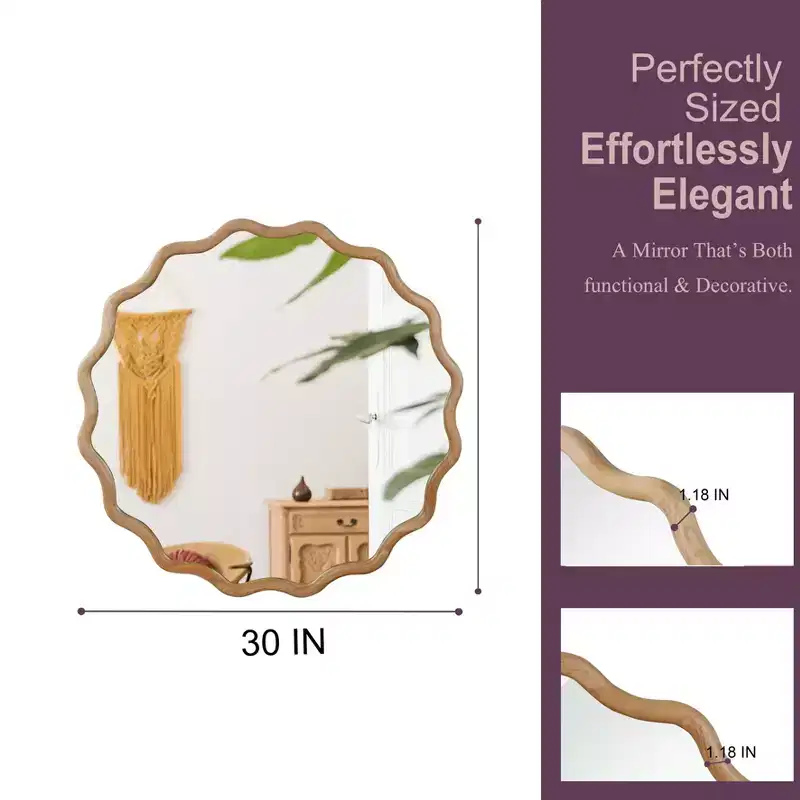 PexFix 30 Wavy Round Solid Wood Frame Decorative Mirror Modern Farmhouse Wall Mirror For Bedroom Bathroom Living Room Entryway Natural Wood