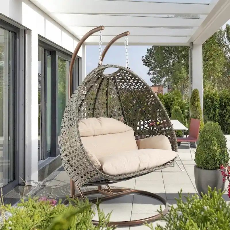 Egg-Shaped Hanging Swing Chair with Metal Stand, Wicker Frame & Cushion ¨C Beige / Charcoal Blue / White / Blue / Antique White / Brown / Canvas, Seats 2
