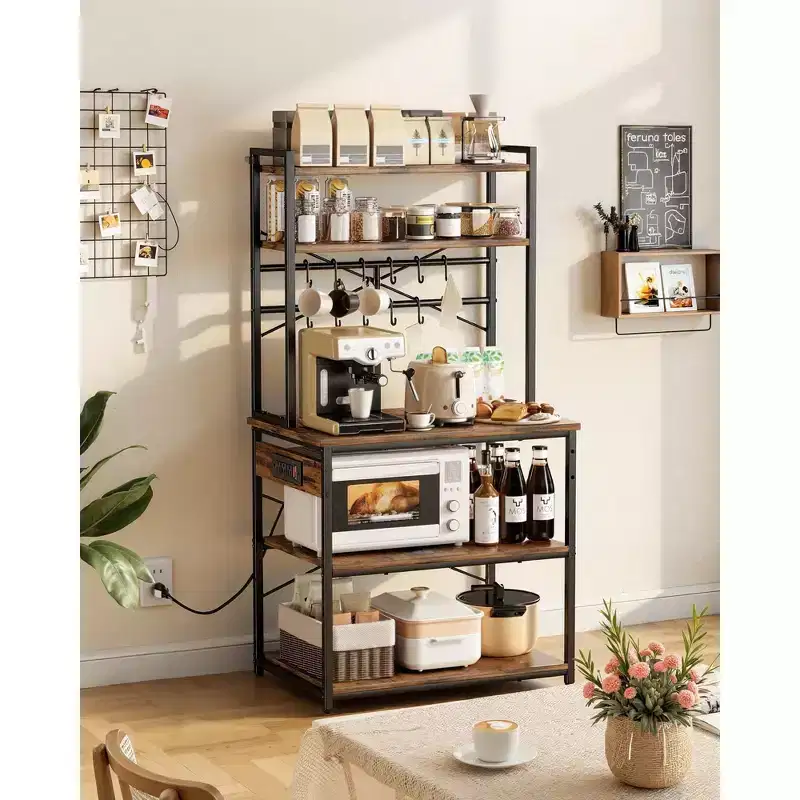 Kitchen Bakers Rack, 5 Ft Power Cable Bakers Rack with Power Outlet, Kitchen Stand with X-Shaped Support Bar, 12 S-Shaped Hooks