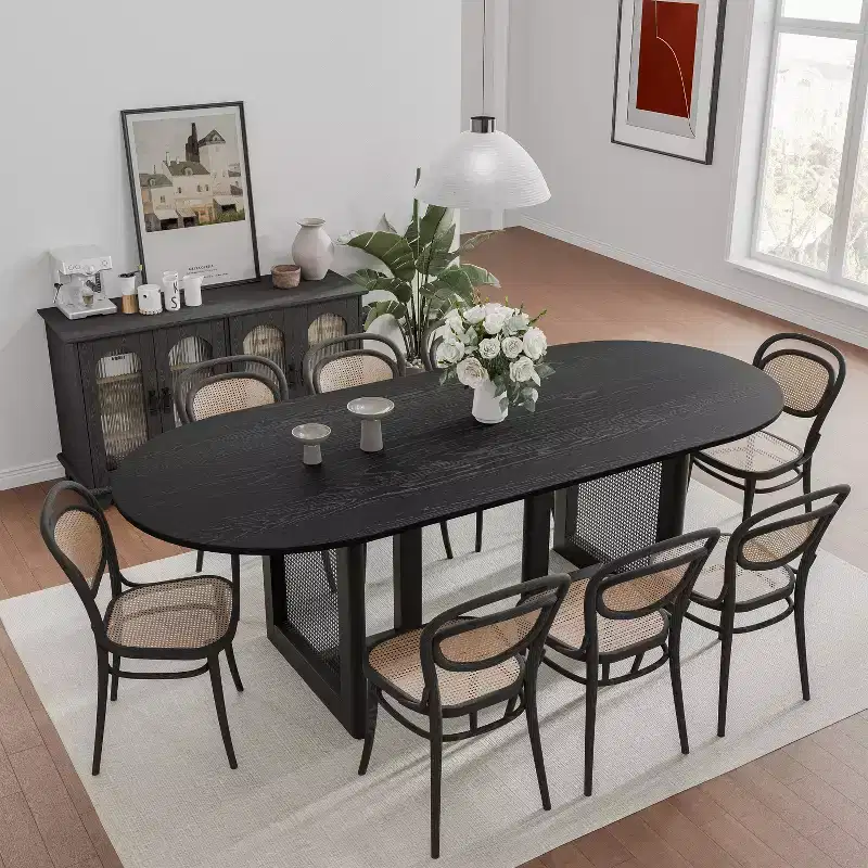 79 x 33.5 Farmhouse Kitchen Dining Room Table Home Furniture Oval Black Kitchen Table with Rattan Woven Legs for Kitchen Bar Living Room
