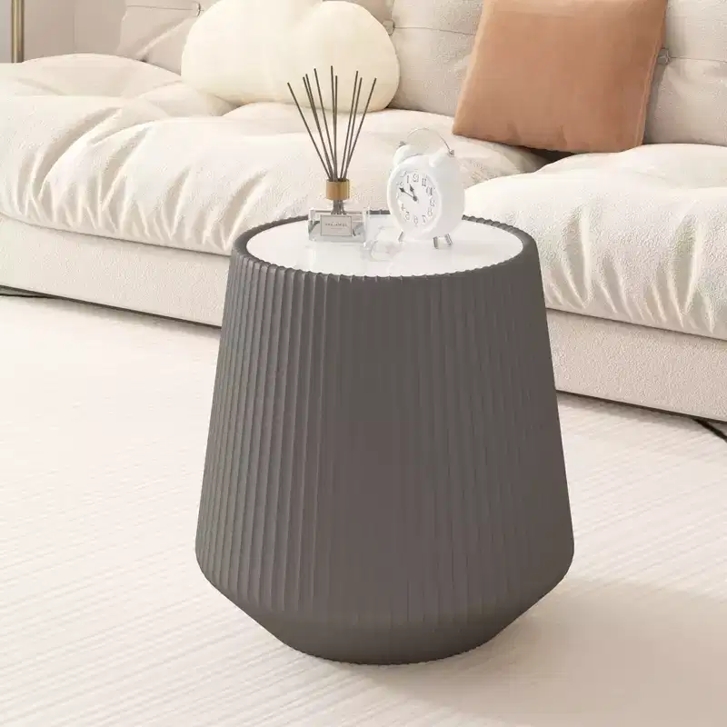 Round-Shaped Leather Coffee Table with Sintered Stone Top and Microfiber Leather Wrap
