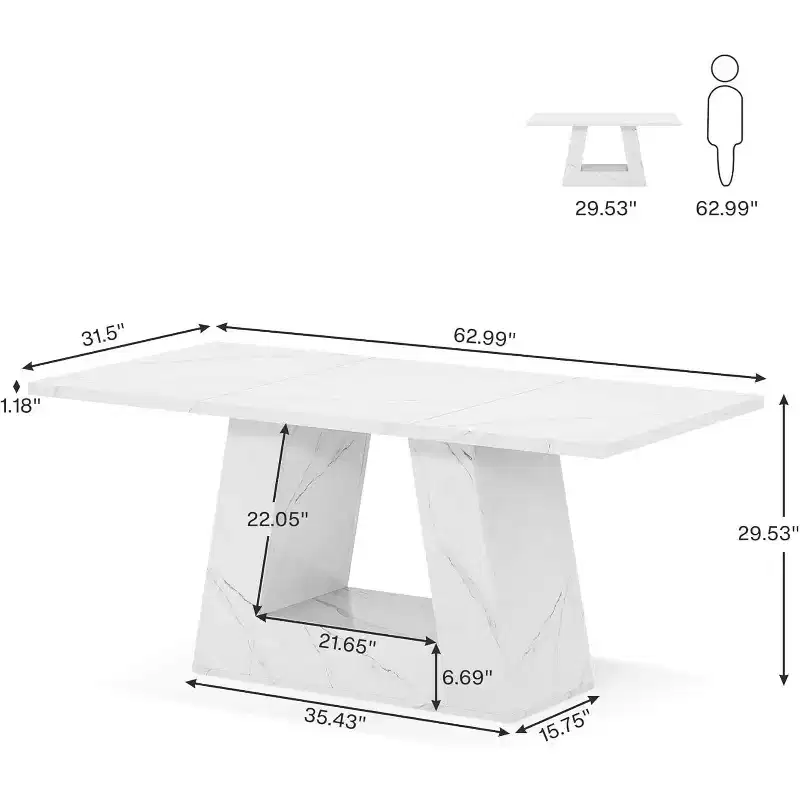 Lantine Dining Table for 4 to 6 People, 63 Rectangular Modern Wooden Faux Marble Dinner Table with Sturdy Base for Kitchen, Living Room