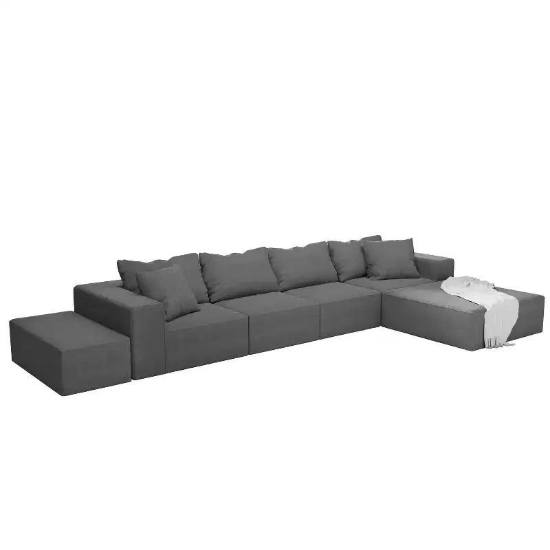 Modern Upholstered Sectional Sofa Couch Set, Modular 132 L-Shaped Sectional Living Room Sofa Set with 6 Cushions