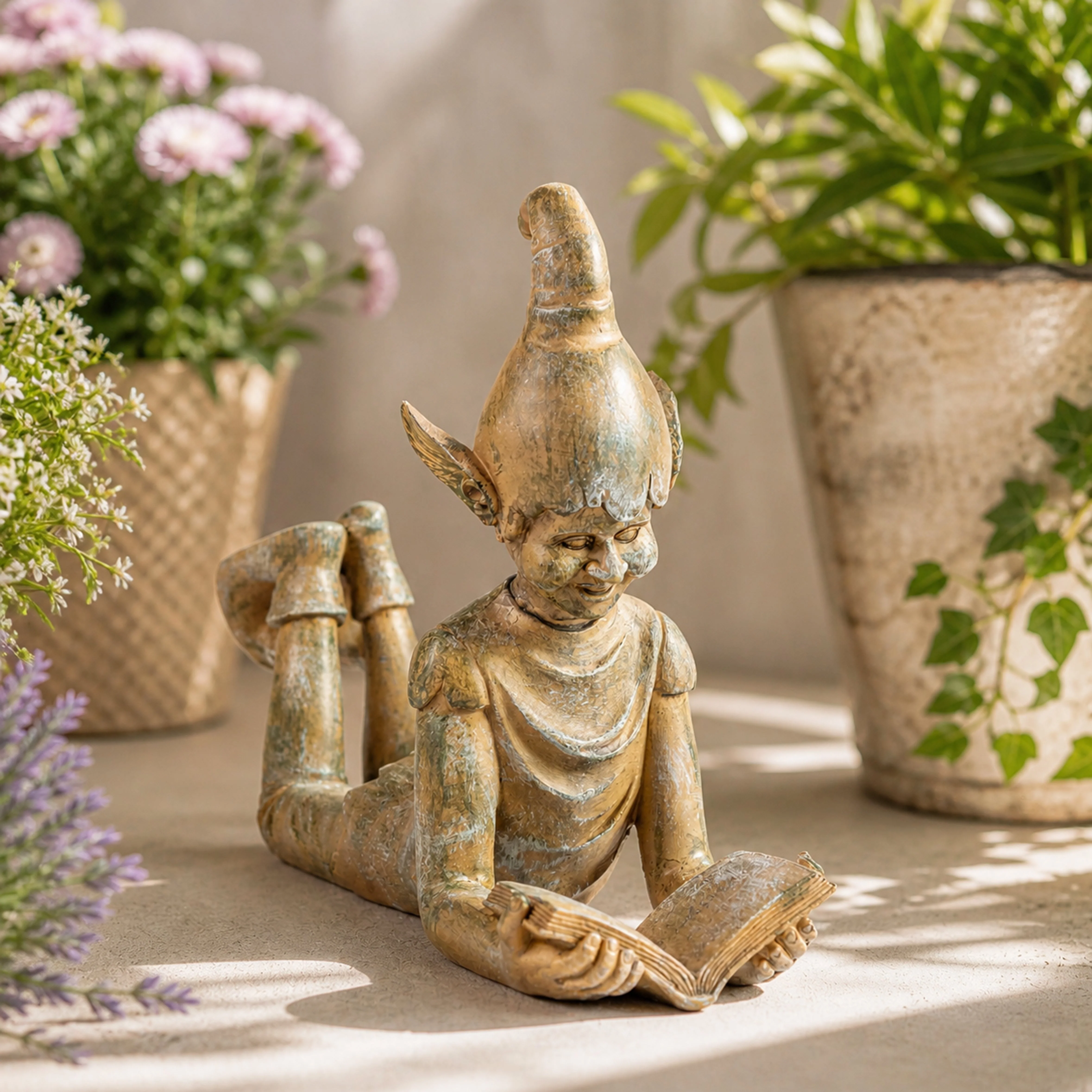 Large Resin Reading Elf Garden Ornament