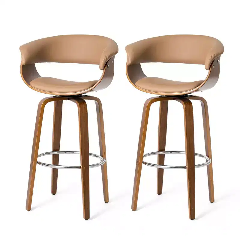 Set of 2 Mid-century Modern Walnut Bentwood Swivel Barstools - Glitzhome