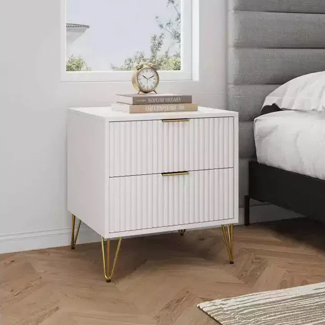 2 Drawer Nightstand White: Modern MDF Bedside Table with Metal Glides, Storage