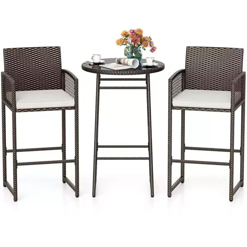 Costway 3 Piece Wicker Patio Bar Set with 2 Seat Cushions Glass Tabletop for Backyard