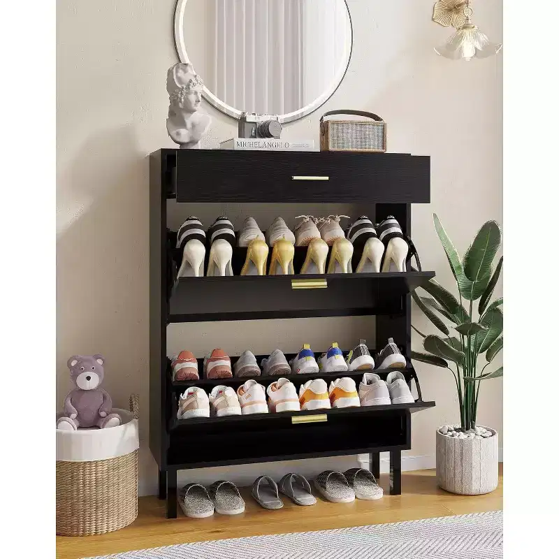 Shoe Cabinet Storage for Entryway Ultra Slim with 2 Flip &1Drop-Down Drawers, Narrow Shoe Cabinet,Freestanding Modern Wood Shoes Organizer