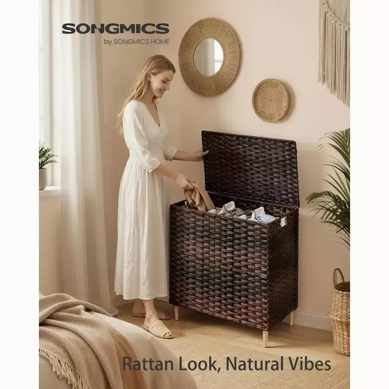 SONGMICS Laundry Hamper with Lid, PE Rattan Laundry Basket with Removable Liner, Storage Basket, 3-Section Sorter, 42.2 Gallons (160 L)