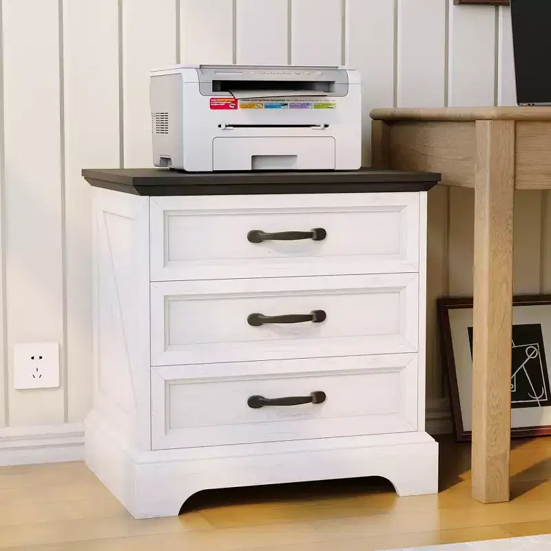 Farmhouse Nightstands w/ Charging Station, Modern Wood Bedside Table w/ 3 Large Storage Drawers, End Table for Bedroom & Living Room