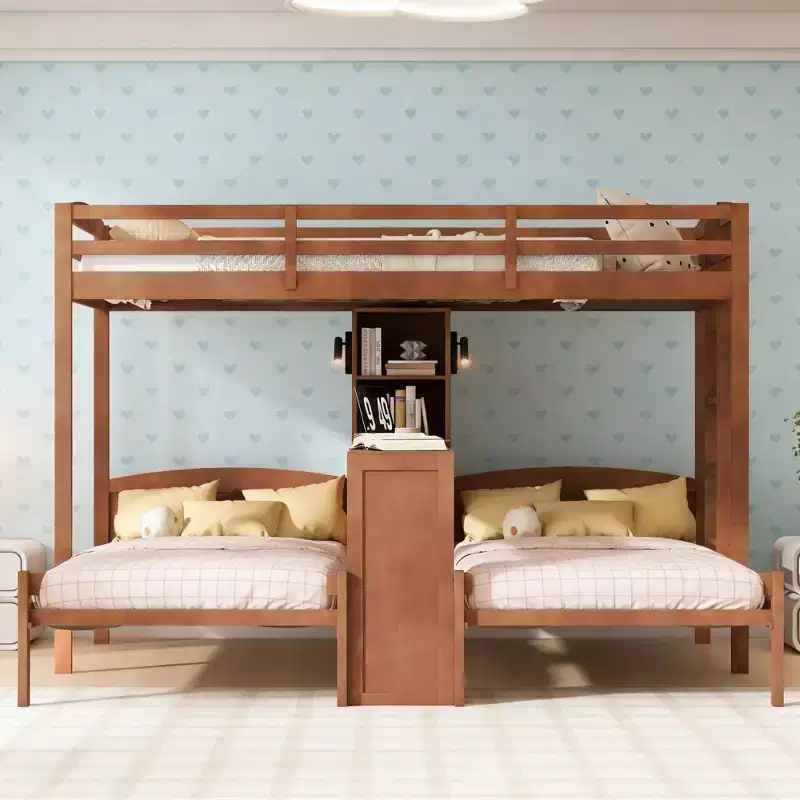 Luxystar Twin over Twin and Twin Bunk Bed with Built-in Desk, Bookcase and Lights