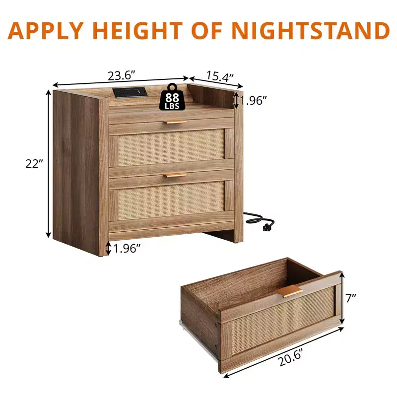 GustoWave Night Stand Set of 2, Rattan Nightstands with Charging Station, Boho Bed Side Tables with 2 Drawers
